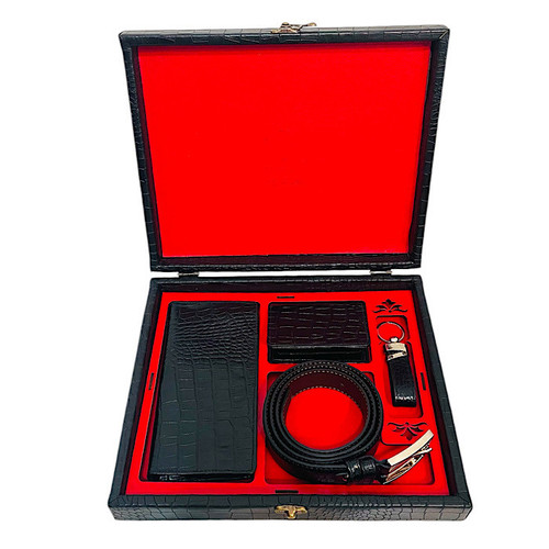 ست ۴ تکه هدیه مردانه چرم طبیعی گاوی مشکی طرح کروکودیل در جعبه قرمز